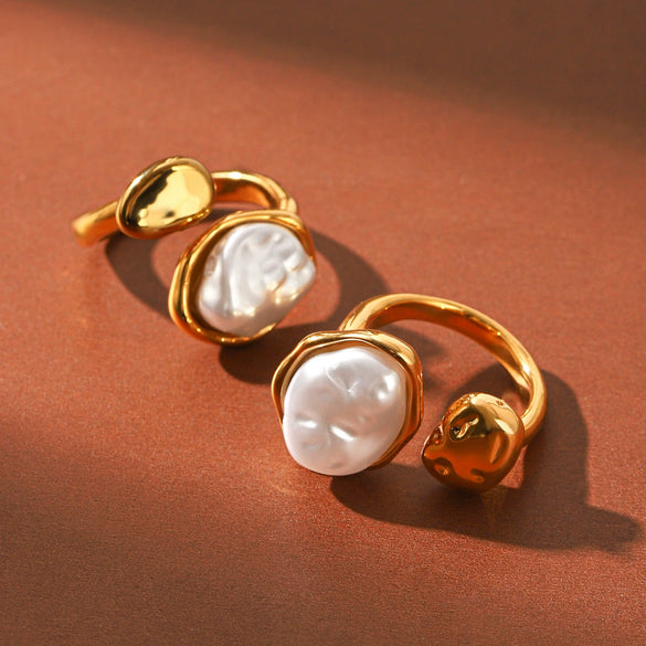 Wholesale Women's Irregular Pearl Gold Stainless Steel Geometric Openended Rings With Electroplating
