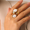 Wholesale Women's Irregular Pearl Gold Stainless Steel Geometric Openended Rings With Electroplating