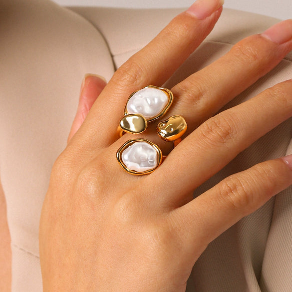 Wholesale Women's Irregular Pearl Gold Stainless Steel Geometric Openended Rings With Electroplating