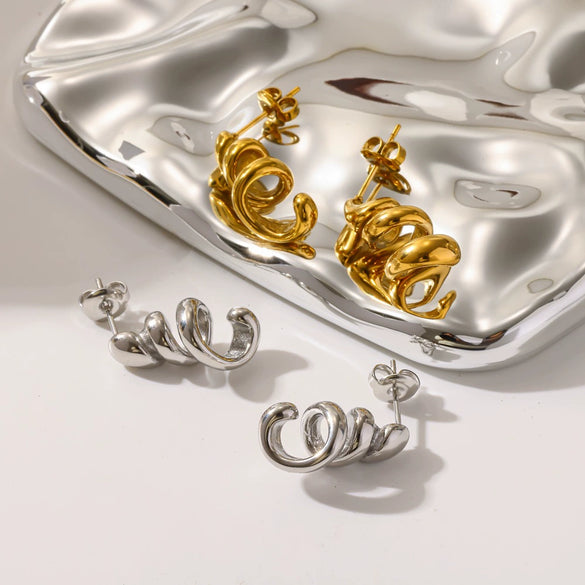 Wholesale Women's Irregular Twisted Spiral Geometric Stainless Steel Earrings With Pvd Furnace Vacuum Real Gold Plating