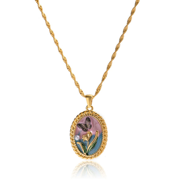 Wholesale Women's Jewelry Ancient Style Geometric And Floral Stainless Steel Electroplated Pendant Necklace