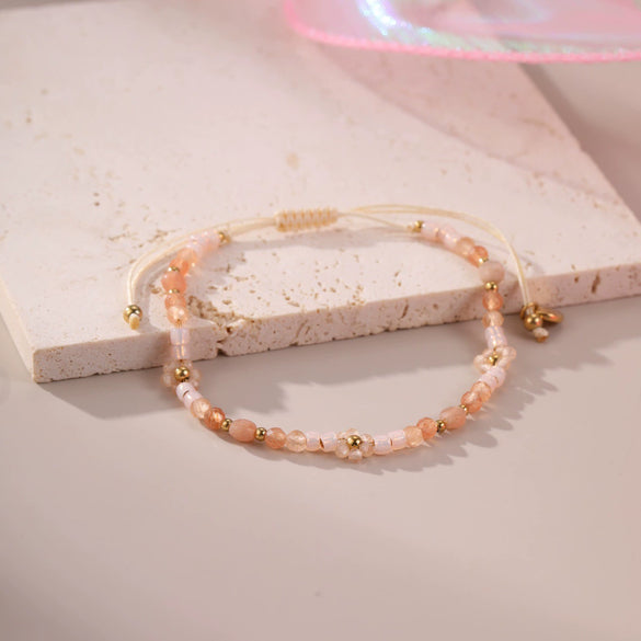 Wholesale Women's Jewelry Bohemian Style Colorful Natural Stone Bead String Bracelet Stainless Steel 18K Electroplated Geometric Pattern