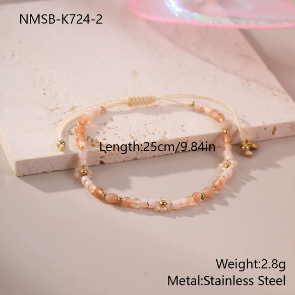 Wholesale Women's Jewelry Bohemian Style Colorful Natural Stone Bead String Bracelet Stainless Steel 18K Electroplated Geometric Pattern