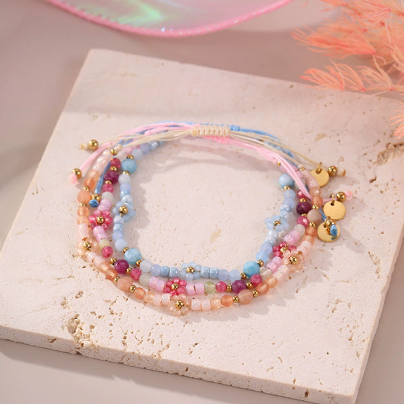 Wholesale Women's Jewelry Bohemian Style Colorful Natural Stone Bead String Bracelet Stainless Steel 18K Electroplated Geometric Pattern
