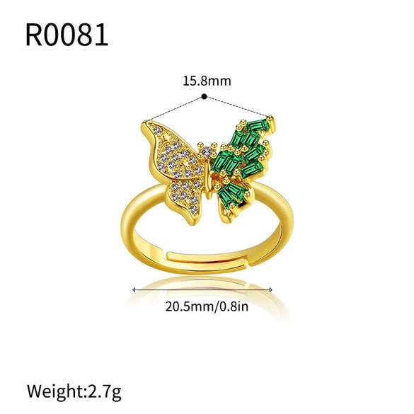 Wholesale Women's Jewelry Butterfly Ring Copper Electroplating Green Zircon Diamond Insect Pattern