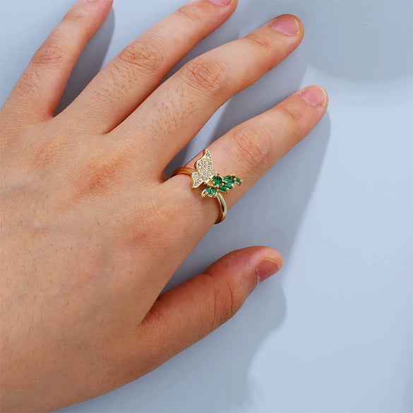 Wholesale Women's Jewelry Butterfly Ring Copper Electroplating Green Zircon Diamond Insect Pattern