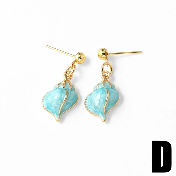 Wholesale Women's Jewelry Copper Plated Real Gold Geometric Seahorse Conch Pendant Earrings