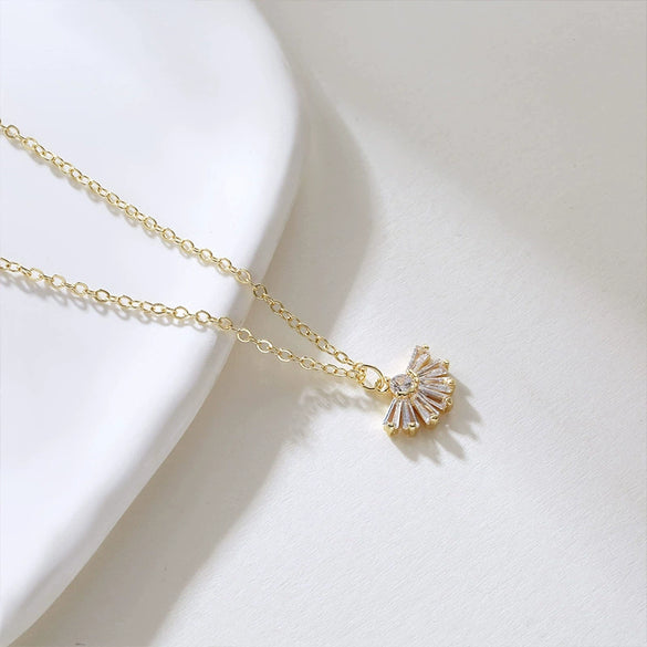 Wholesale Women's Jewelry Fan Shaped Pendant Clavicle Chain Zircon Necklace Copper Plated With Real Gold Geometric Style Electroplated