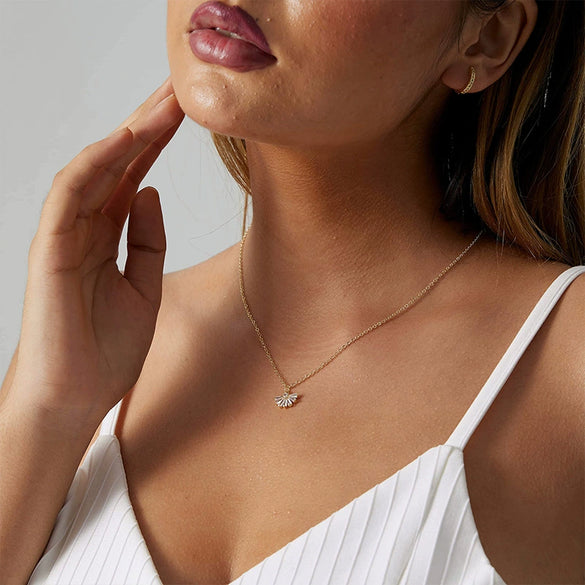 Wholesale Women's Jewelry Fan Shaped Pendant Clavicle Chain Zircon Necklace Copper Plated With Real Gold Geometric Style Electroplated