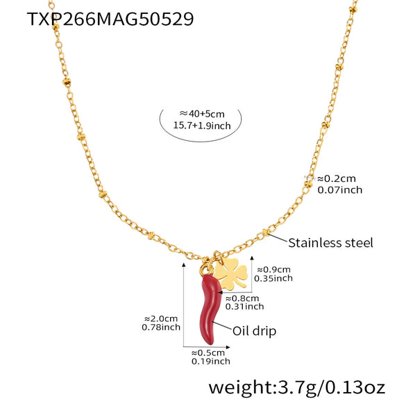 Wholesale Women's Jewelry Ferris Wheel Four Leaf Clover Red Chili Pendant Necklace In Stainless Steel With Enamel Glaze And Electroplating