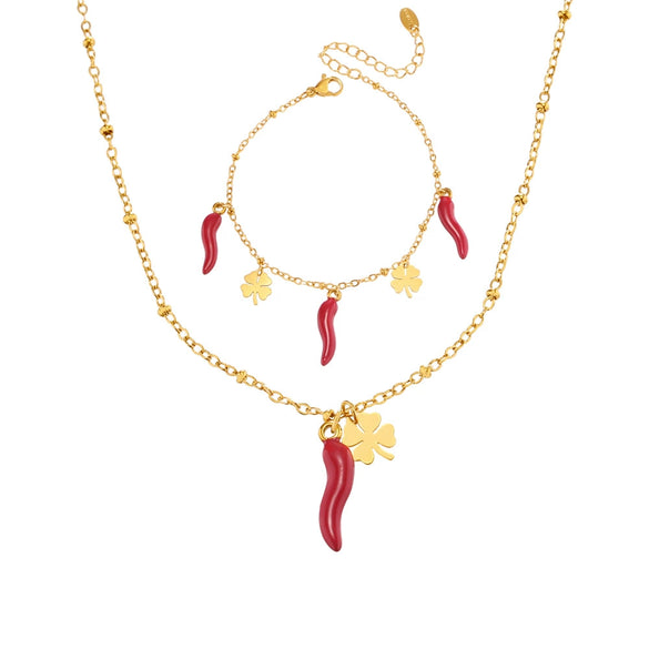 Wholesale Women's Jewelry Ferris Wheel Four Leaf Clover Red Chili Pendant Necklace In Stainless Steel With Enamel Glaze And Electroplating