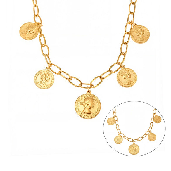 Wholesale Women's Jewelry Ferris Wheel Queen Elizabeth Portrait Letter Engraved Coin Pendant Necklace Stainless Steel Titanium Steel Geometric Electroplated