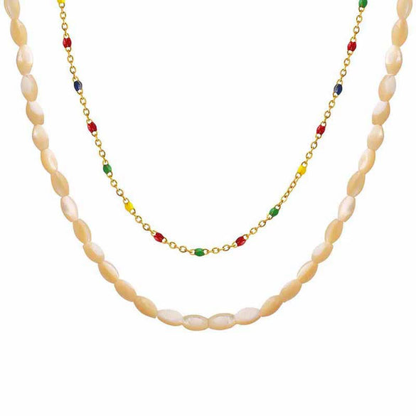 Wholesale Women's Jewelry French Retro Style Overlapping Oil Dripping Titanium Steel Chain With White Yellow Shell Pendant Electroplated Geometric Design Necklace