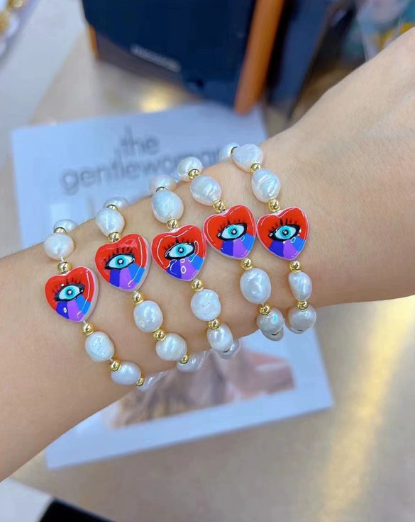 Wholesale Women's Jewelry Fresh Water Pearl Shell Beads Heart Charm Bracelet
