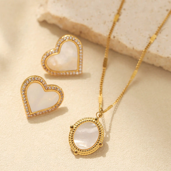 Wholesale Women's Jewelry Heartshaped Motherofpearl Inlaid Zircon Shell Copper Electroplated Earrings And Matching Necklace