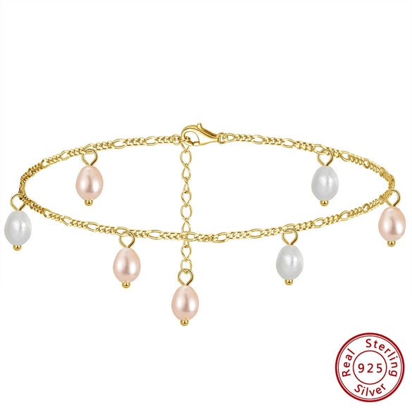 Wholesale Women's Jewelry Natural Pearl And 925 Sterling Silver Geometric Summer Anklet