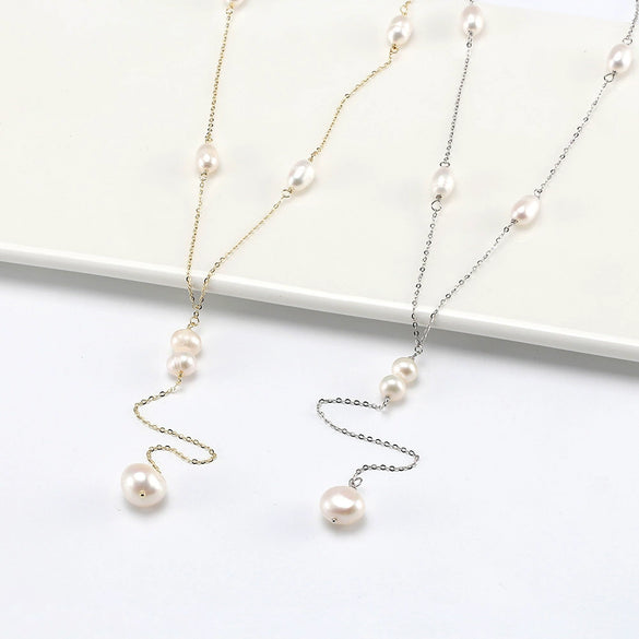 Wholesale Women's Jewelry S925 Sterling Silver Freshwater Pearl Exaggerated Geometric Electroplated Necklace With Extension Chain