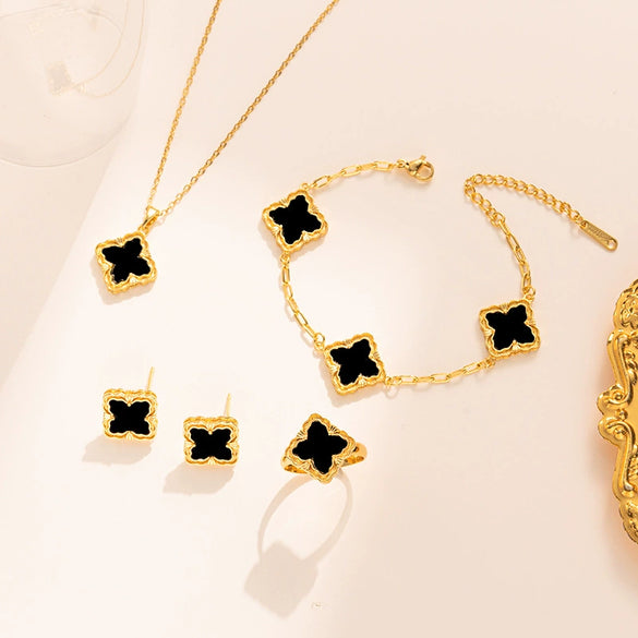 Wholesale Women's Jewelry Set Copper Titanium Steel Four Leaf Clover Pattern Electroplated Necklace Bracelet Earring Ring