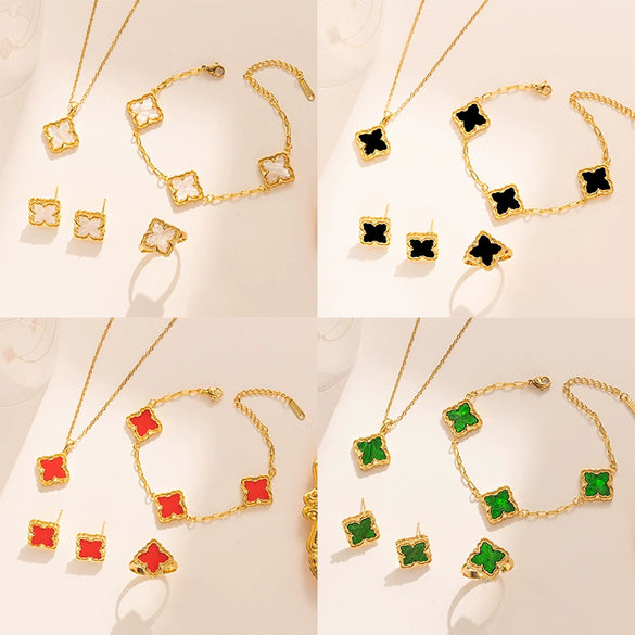 Wholesale Women's Jewelry Set Copper Titanium Steel Four Leaf Clover Pattern Electroplated Necklace Bracelet Earring Ring