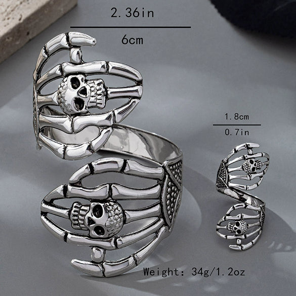 Wholesale Women's Jewelry Set Dark Style Geometric Skull Hand And Head Bracelet Ring Electroplated Alloy
