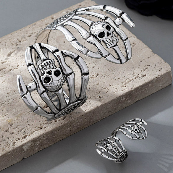 Wholesale Women's Jewelry Set Dark Style Geometric Skull Hand And Head Bracelet Ring Electroplated Alloy