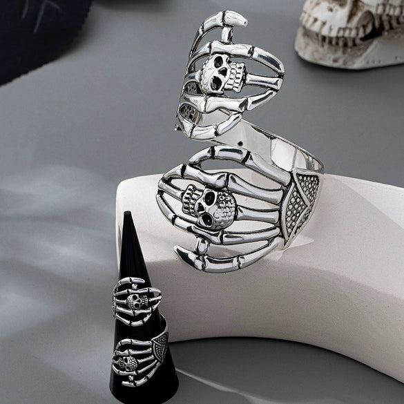 Wholesale Women's Jewelry Set Dark Style Geometric Skull Hand And Head Bracelet Ring Electroplated Alloy