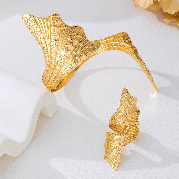Wholesale Women's Jewelry Set Electroplated Alloy Geometric Leaf And Spiral Open Ring Bracelet Accessories