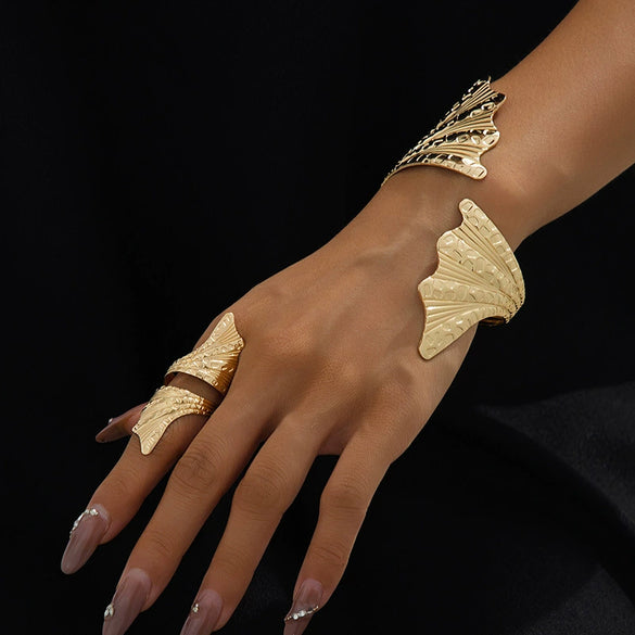 Wholesale Women's Jewelry Set Electroplated Alloy Geometric Leaf And Spiral Open Ring Bracelet Accessories