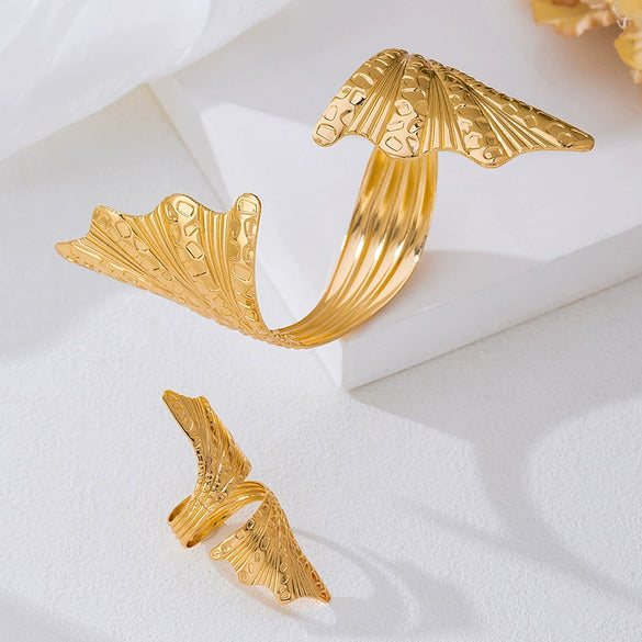 Wholesale Women's Jewelry Set Electroplated Alloy Geometric Leaf And Spiral Open Ring Bracelet Accessories