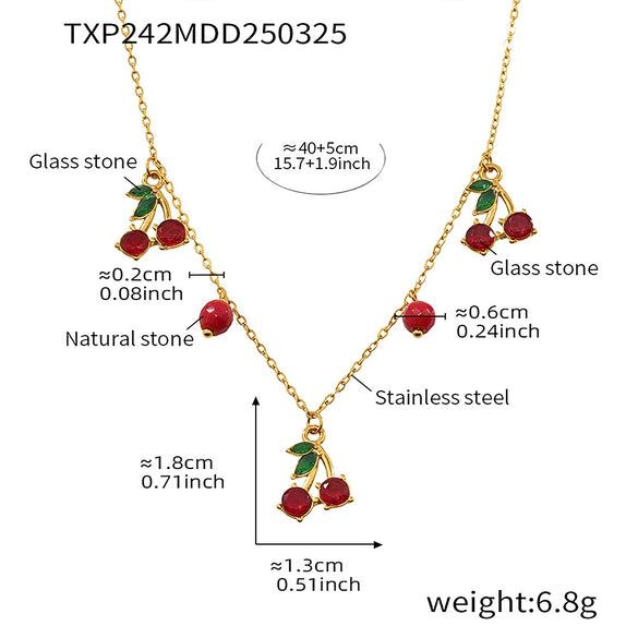 Wholesale Women's Jewelry Set Ferris Wheel Design Natural Stone Beaded Necklace And Glass Stone Cherry Earrings Titanium Steel Electroplated