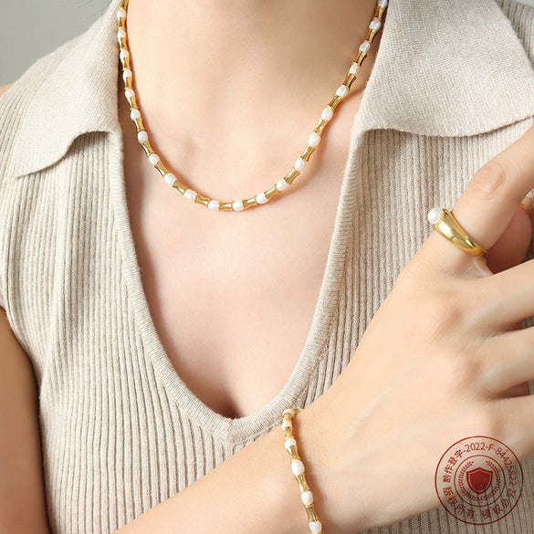 Wholesale Women's Jewelry Set Necklace Bracelet Freshwater Pearl Stitching Titanium Steel Electroplated