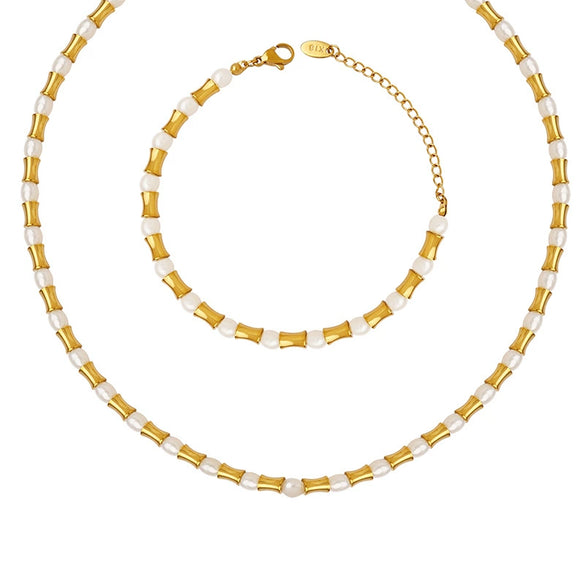 Wholesale Women's Jewelry Set Necklace Bracelet Freshwater Pearl Stitching Titanium Steel Electroplated