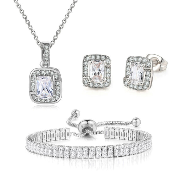 Wholesale Women's Jewelry Set With Alloy And Artificial Crystal Square Pattern Electroplated Ochain Earrings Pendant Necklace And Bracelet