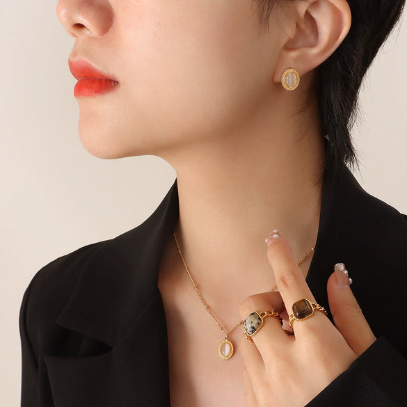 Wholesale Women's Jewelry Set With Oval Turquoise Cat's Eye Stone Inlaid Retro Style Titanium Steel Material
