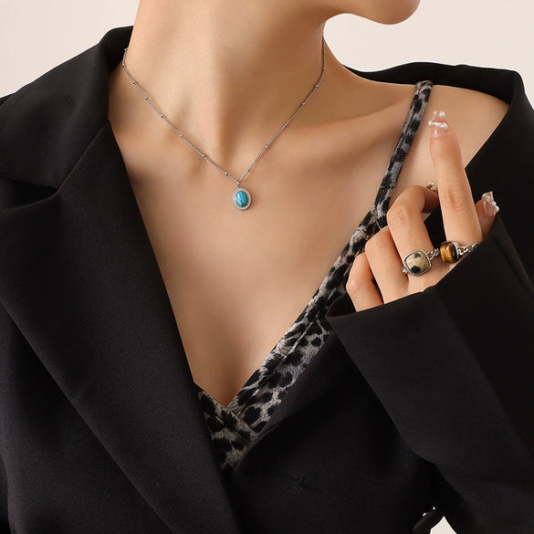 Wholesale Women's Jewelry Set With Oval Turquoise Cat's Eye Stone Inlaid Retro Style Titanium Steel Material