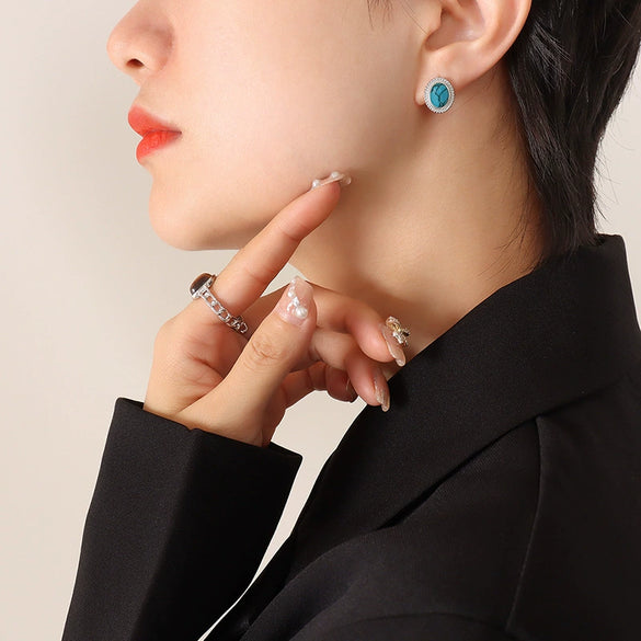 Wholesale Women's Jewelry Set With Oval Turquoise Cat's Eye Stone Inlaid Retro Style Titanium Steel Material