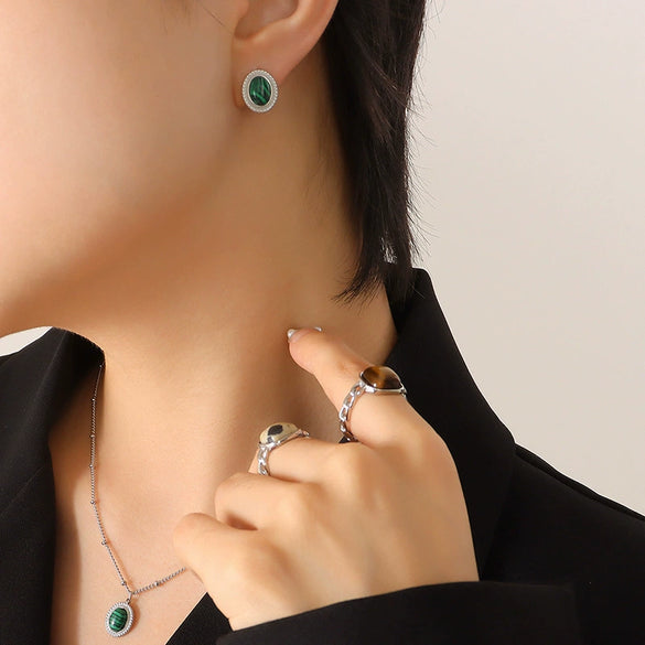Wholesale Women's Jewelry Set With Oval Turquoise Cat's Eye Stone Inlaid Retro Style Titanium Steel Material