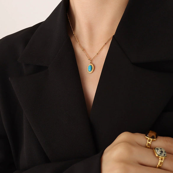 Wholesale Women's Jewelry Set With Oval Turquoise Cat's Eye Stone Inlaid Retro Style Titanium Steel Material