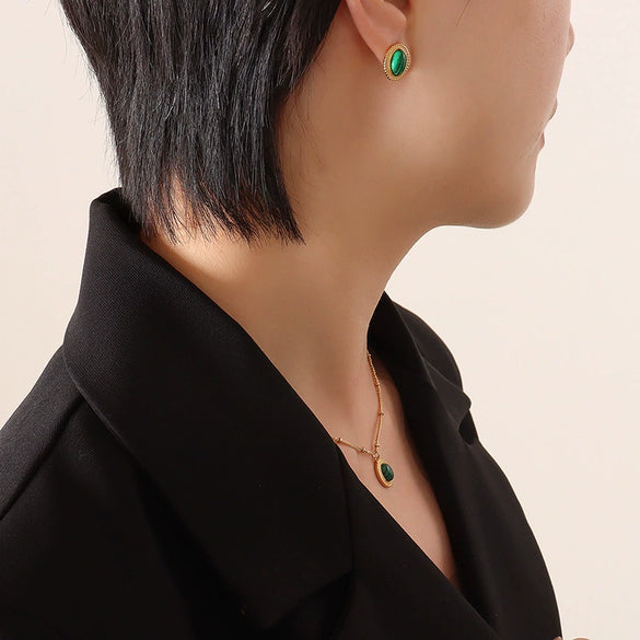 Wholesale Women's Jewelry Set With Oval Turquoise Cat's Eye Stone Inlaid Retro Style Titanium Steel Material