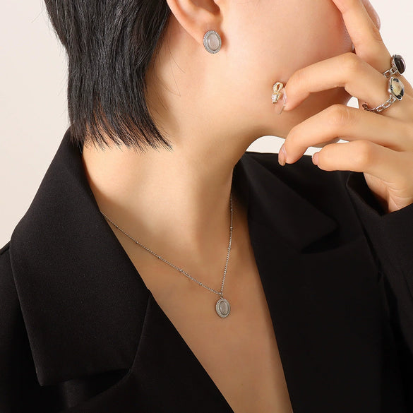 Wholesale Women's Jewelry Set With Oval Turquoise Cat's Eye Stone Inlaid Retro Style Titanium Steel Material