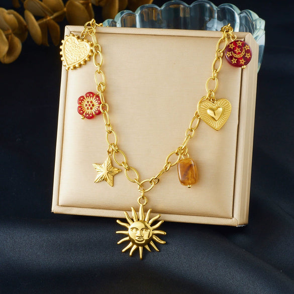 Wholesale Women's Jewelry Set With Sun Round Heartshaped Stainless Steel Pendants Plants And Flowers Pattern O Word Chain Electroplated