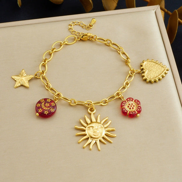 Wholesale Women's Jewelry Set With Sun Round Heartshaped Stainless Steel Pendants Plants And Flowers Pattern O Word Chain Electroplated