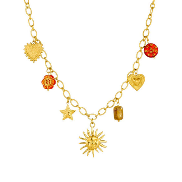 Wholesale Women's Jewelry Set With Sun Round Heartshaped Stainless Steel Pendants Plants And Flowers Pattern O Word Chain Electroplated