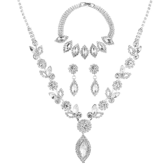 Wholesale Women's Jewelry Set With White Crystal Flower Design Rhinestone Material Love Water Drops Bells Pattern Electroplating Treatment