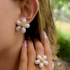 Wholesale Women's Jewelry Shell Bead Ring And Stainless Steel Earrings With Flower Pattern And Electroplating Titanium Steel Material