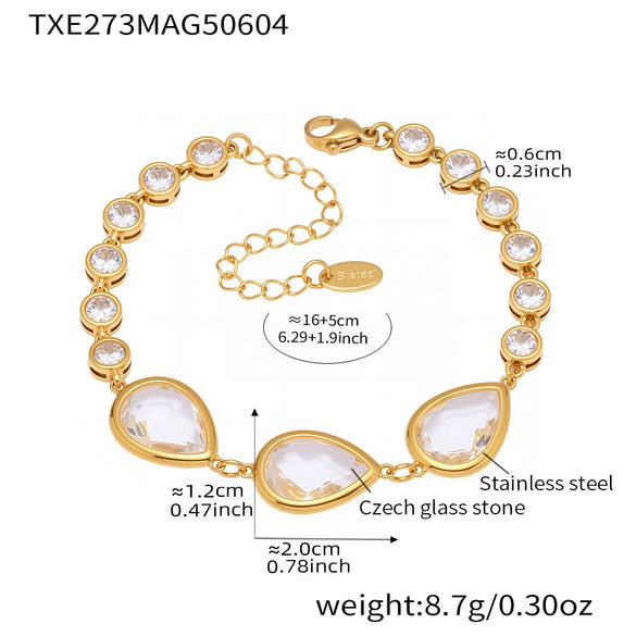 Wholesale Women's Jewelry 316L Stainless Steel Bracelet With Transparent Dropshaped Czech Glass Stone Electroplated Geometric Design