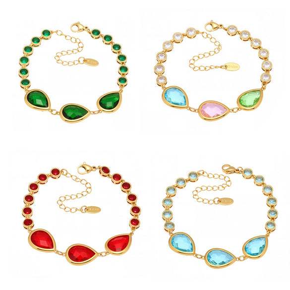 Wholesale Women's Jewelry 316L Stainless Steel Bracelet With Transparent Dropshaped Czech Glass Stone Electroplated Geometric Design