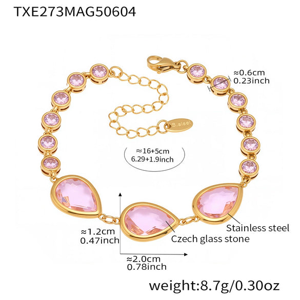 Wholesale Women's Jewelry 316L Stainless Steel Bracelet With Transparent Dropshaped Czech Glass Stone Electroplated Geometric Design