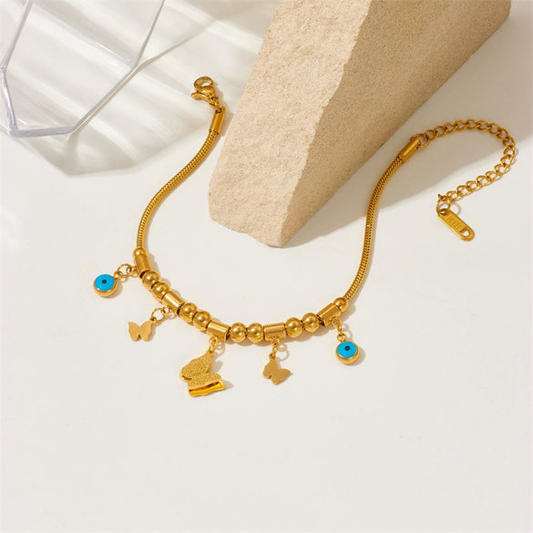 Wholesale Women's Jewelry Stainless Steel Geometric Butterfly Blue Eye Pendant Retro Bracelet With Electroplating Treatment