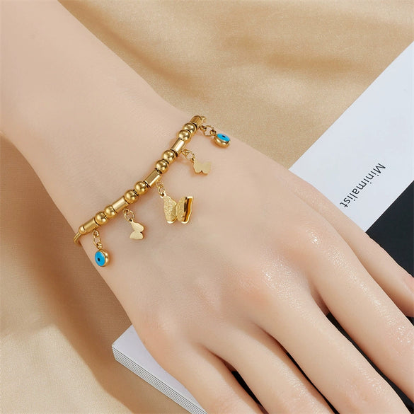 Wholesale Women's Jewelry Stainless Steel Geometric Butterfly Blue Eye Pendant Retro Bracelet With Electroplating Treatment